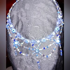 Blue Crystal bead & metal rose layered Lacy necklace